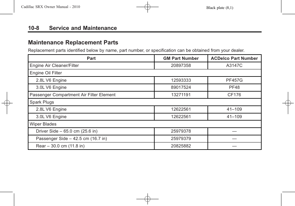 Maintenance replacement parts, Maintenance replacement, Parts -8 | 8 service and maintenance | Cadillac 2010 SRX User Manual | Page 430 / 468