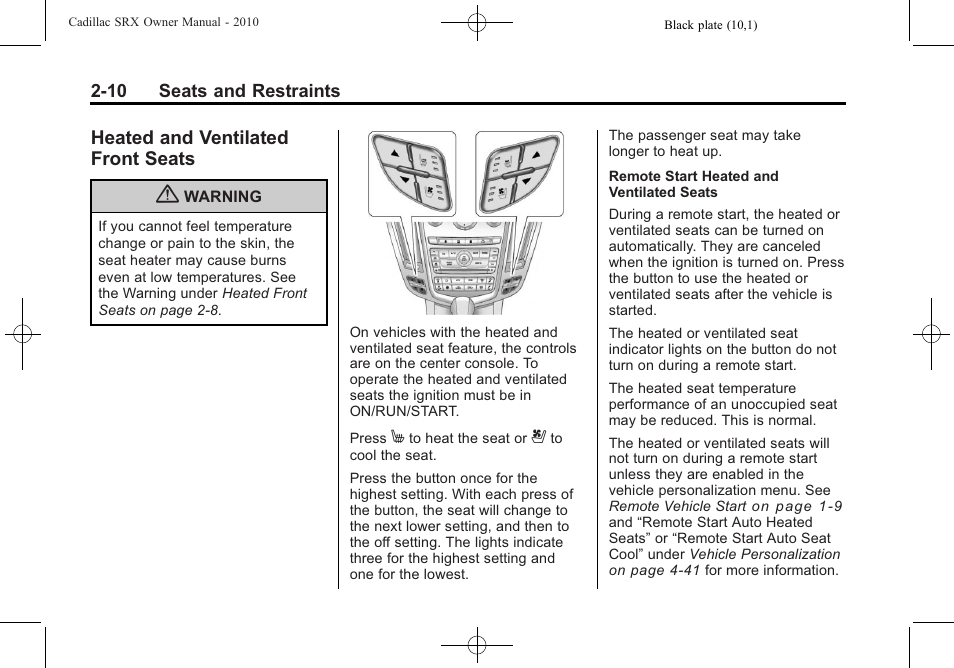 Heated and ventilated front seats, Heated and ventilated front, Seats -10 | Cadillac 2010 SRX User Manual | Page 44 / 468