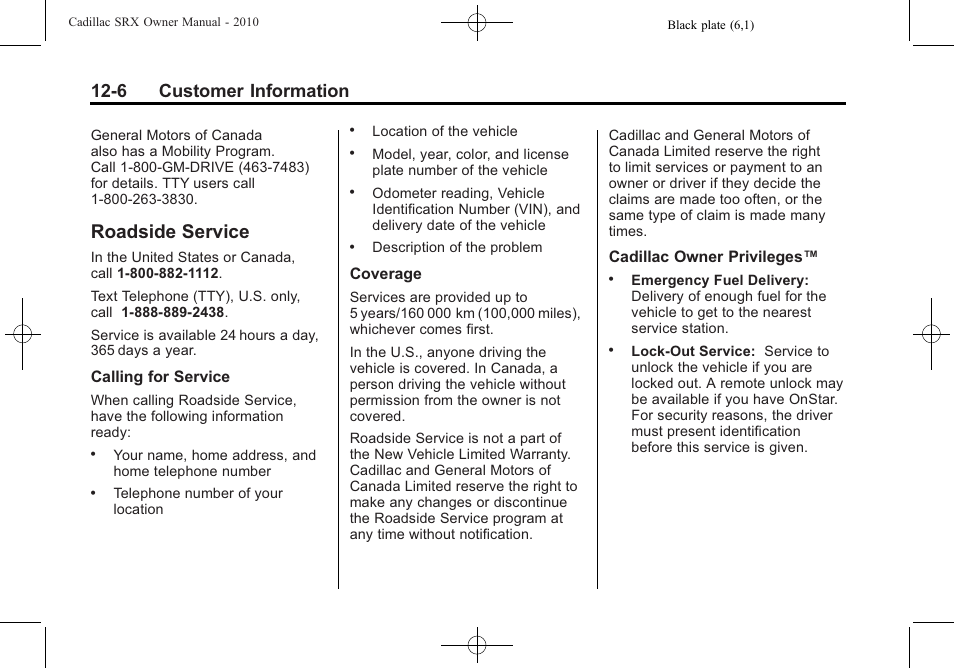 Roadside service, Roadside service -6, Onstar | 6 customer information | Cadillac 2010 SRX User Manual | Page 444 / 468