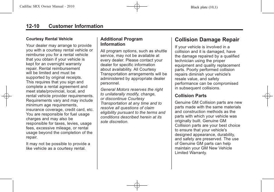 Collision damage repair, Collision damage repair -10, Statement | Cadillac 2010 SRX User Manual | Page 448 / 468
