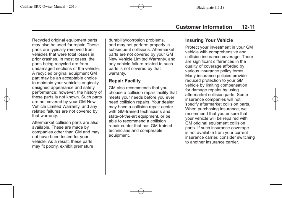Customer information 12-11 | Cadillac 2010 SRX User Manual | Page 449 / 468