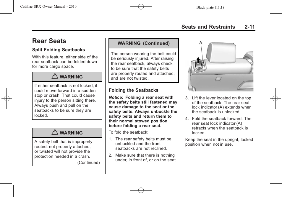 Rear seats, Rear seats -11, Exterior lighting | Inflate | Cadillac 2010 SRX User Manual | Page 45 / 468