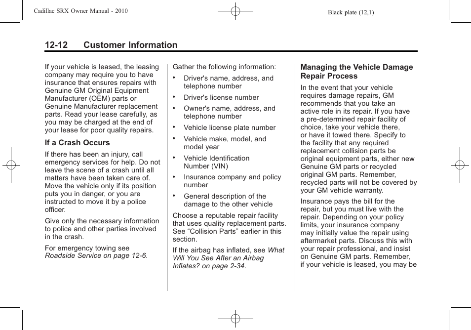 12 customer information | Cadillac 2010 SRX User Manual | Page 450 / 468