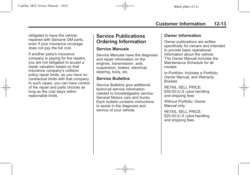 Service publications ordering information, Service publications, Ordering information -13 | Cadillac 2010 SRX User Manual | Page 451 / 468
