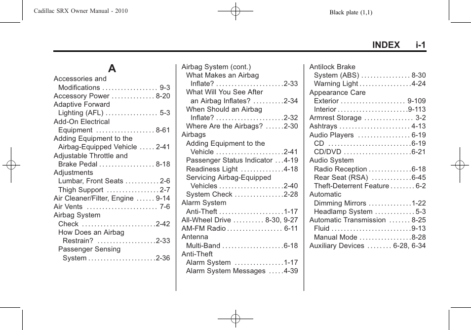 Index, Index_a, Index i-1 | Cadillac 2010 SRX User Manual | Page 457 / 468