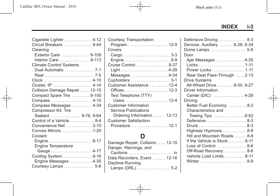 Index_d, Index i-3 | Cadillac 2010 SRX User Manual | Page 459 / 468