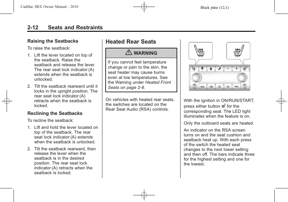 Heated rear seats, Heated rear seats -12 | Cadillac 2010 SRX User Manual | Page 46 / 468