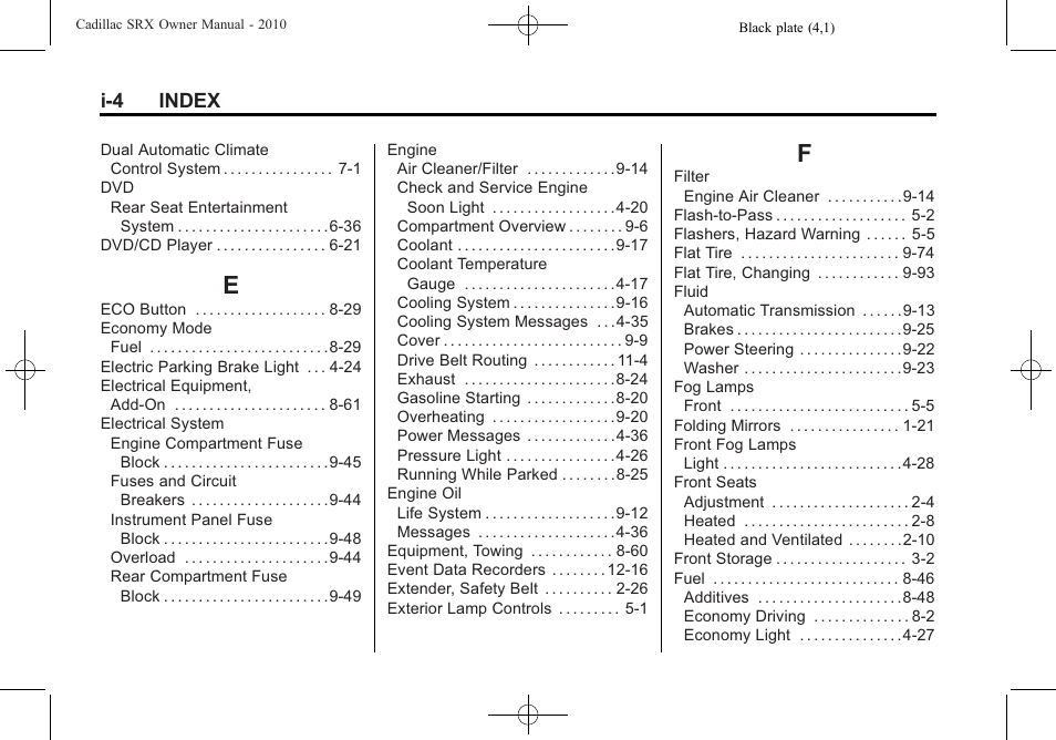 Index_e, Index_f, I-4 index | Cadillac 2010 SRX User Manual | Page 460 / 468