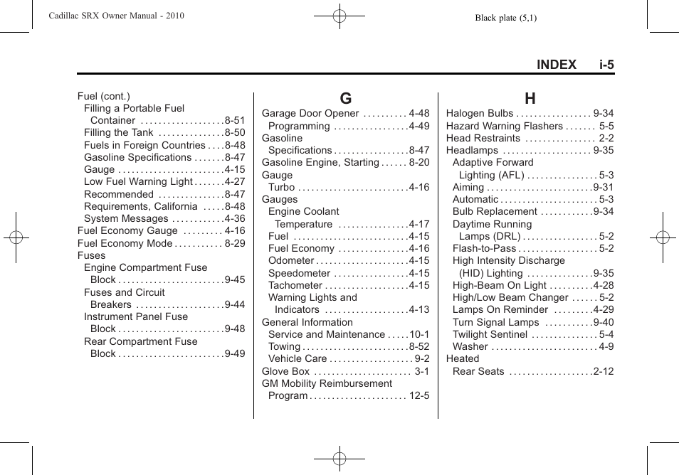 Index_g, Index_h, Index i-5 | Cadillac 2010 SRX User Manual | Page 461 / 468