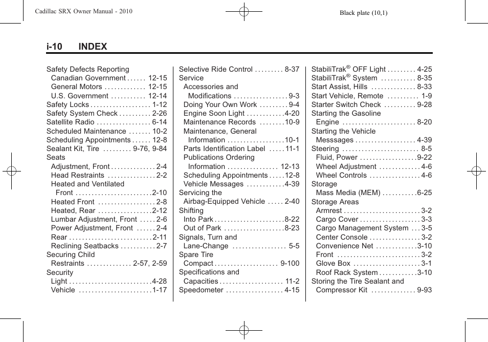 I-10 index | Cadillac 2010 SRX User Manual | Page 466 / 468