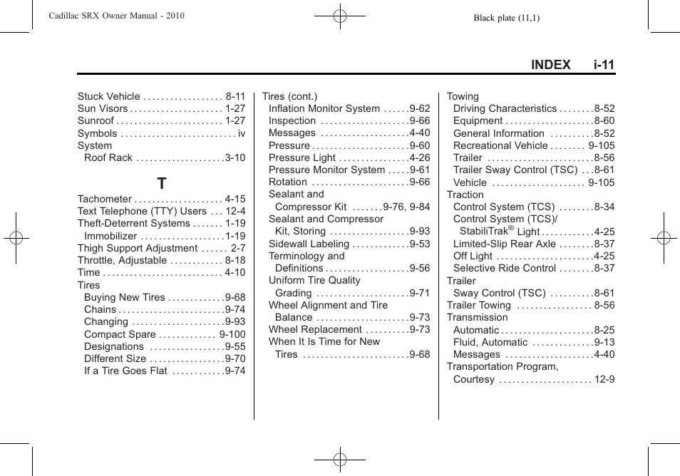 Index_t, Index i-11 | Cadillac 2010 SRX User Manual | Page 467 / 468