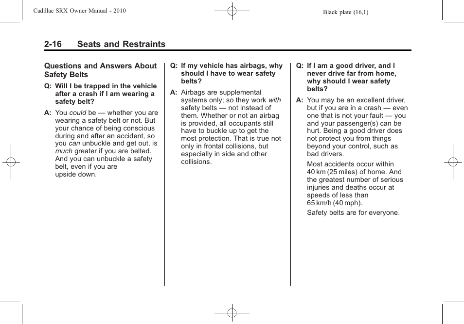 16 seats and restraints | Cadillac 2010 SRX User Manual | Page 50 / 468