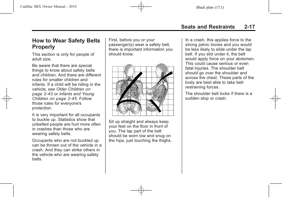 How to wear safety belts properly, How to wear safety belts, Properly -17 | Cadillac 2010 SRX User Manual | Page 51 / 468