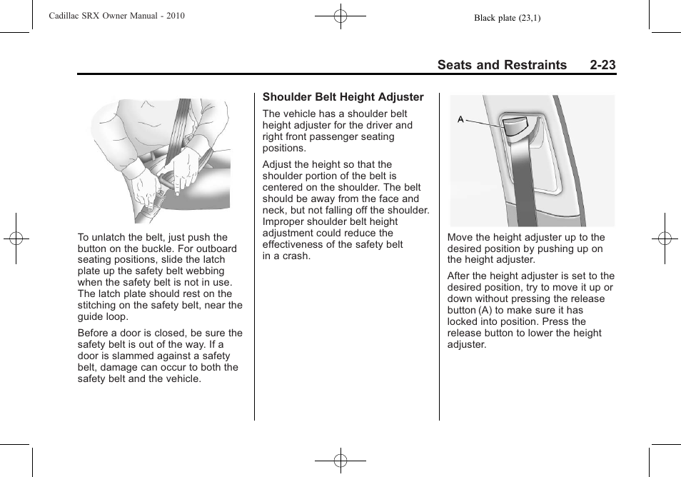 Seats and restraints 2-23 | Cadillac 2010 SRX User Manual | Page 57 / 468