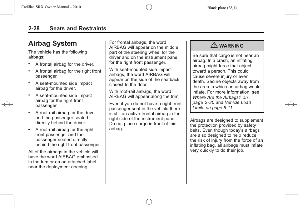 Airbag system, Airbag system -28, 28 seats and restraints | Cadillac 2010 SRX User Manual | Page 62 / 468