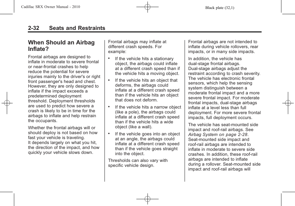 When should an airbag inflate, When should an airbag, Inflate? -32 | 32 seats and restraints | Cadillac 2010 SRX User Manual | Page 66 / 468