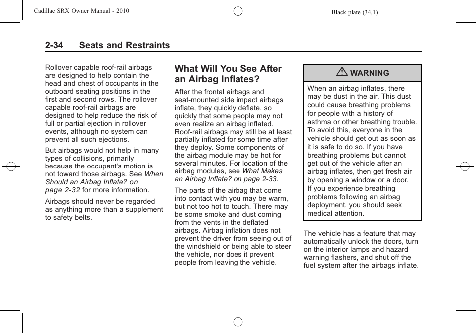 What will you see after an airbag inflates, What will you see after an, Airbag inflates? -34 | Cadillac 2010 SRX User Manual | Page 68 / 468
