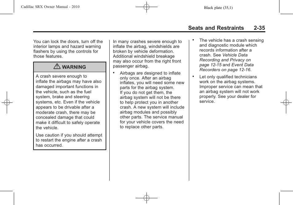 Seats and restraints 2-35 | Cadillac 2010 SRX User Manual | Page 69 / 468