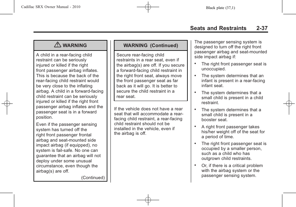 Seats and restraints 2-37 | Cadillac 2010 SRX User Manual | Page 71 / 468