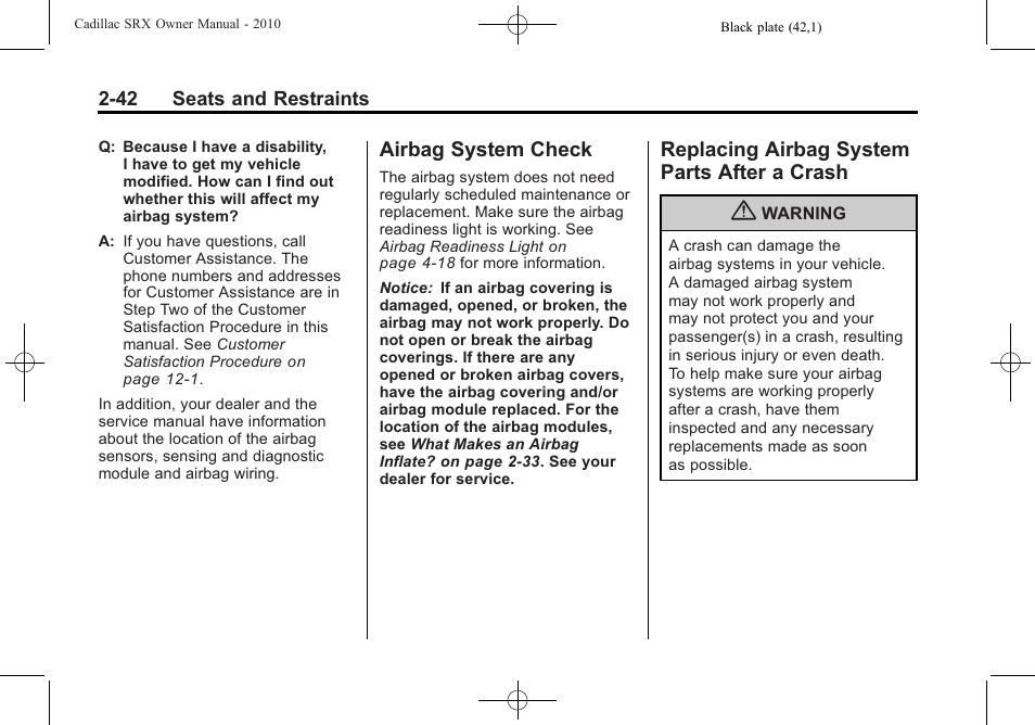 Airbag system check, Replacing airbag system parts after a crash, Airbag system check -42 replacing airbag system | Parts after a crash -42 | Cadillac 2010 SRX User Manual | Page 76 / 468