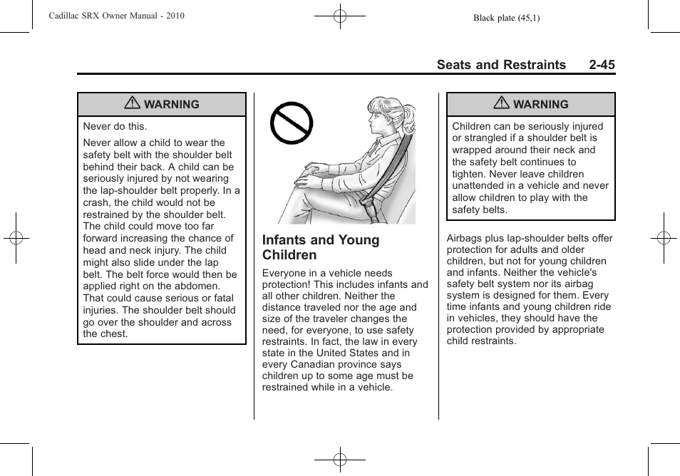 Infants and young children, Infants and young, Children -45 | Cadillac 2010 SRX User Manual | Page 79 / 468