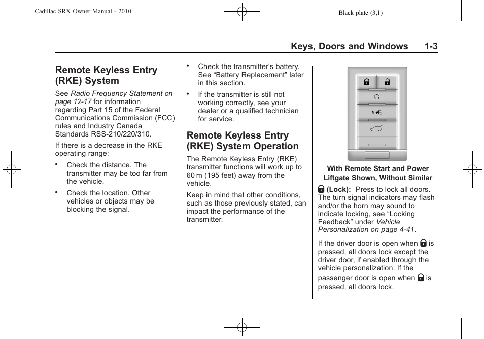 Remote keyless entry (rke) system, Remote keyless entry (rke) system operation, Remote keyless entry (rke) | System -3, System operation -3, Mirror, Keys, doors and windows 1-3 | Cadillac 2010 SRX User Manual | Page 9 / 468