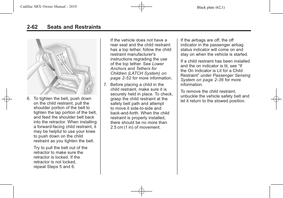 62 seats and restraints | Cadillac 2010 SRX User Manual | Page 96 / 468