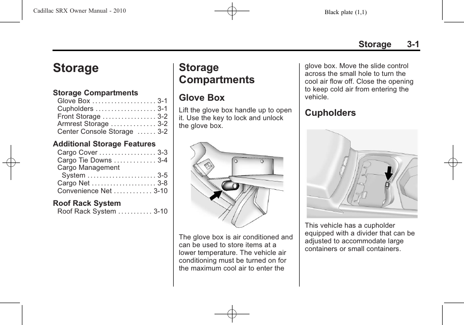 Storage, Storage compartments, Glove box | Cupholders, Storage -1, Storage compartments -1, Audio players | Cadillac 2010 SRX User Manual | Page 97 / 468
