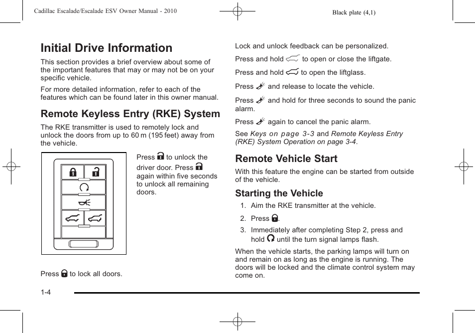 Initial drive information, Remote keyless entry (rke) system, Remote vehicle start | Initial drive information -4, Doors and locks -10, Starting the vehicle | Cadillac 2010 Escalade User Manual | Page 10 / 620
