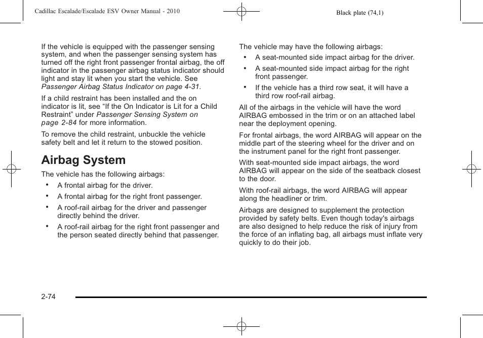Airbag system, Airbag system -74, Instrument panel | Cadillac 2010 Escalade User Manual | Page 106 / 620