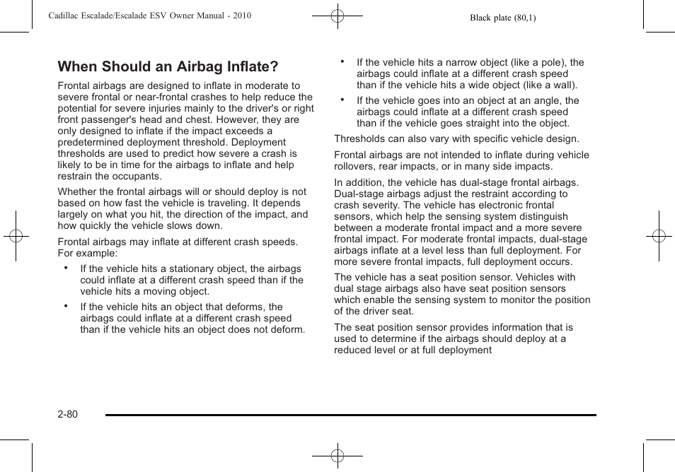 When should an airbag inflate, Should an airbag inflate? -80 | Cadillac 2010 Escalade User Manual | Page 112 / 620