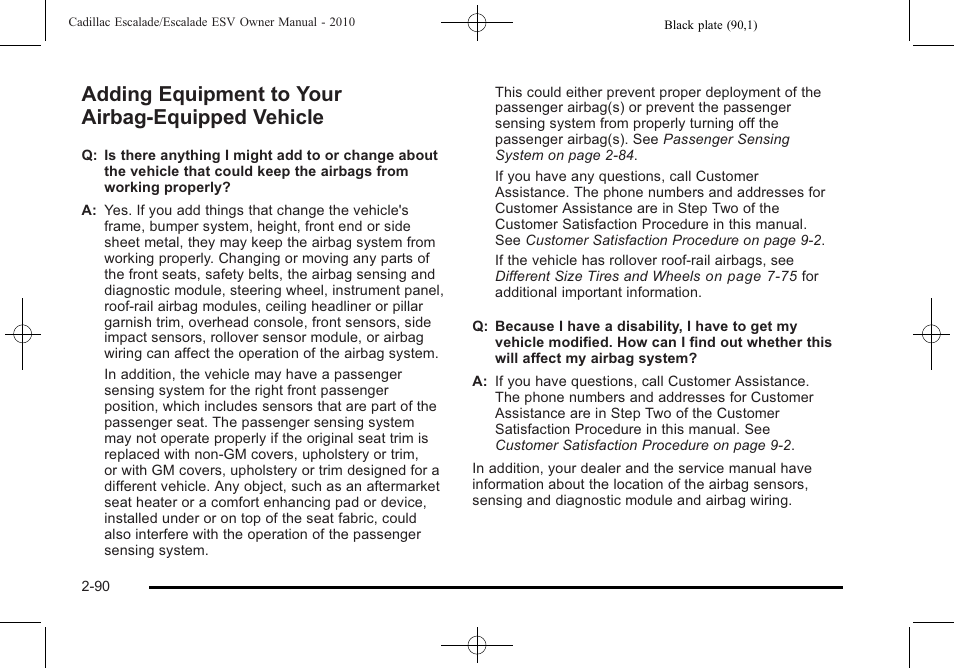 Adding equipment to your airbag-equipped vehicle, Equipment to your airbag-equipped, Vehicle -90 | Cadillac 2010 Escalade User Manual | Page 122 / 620