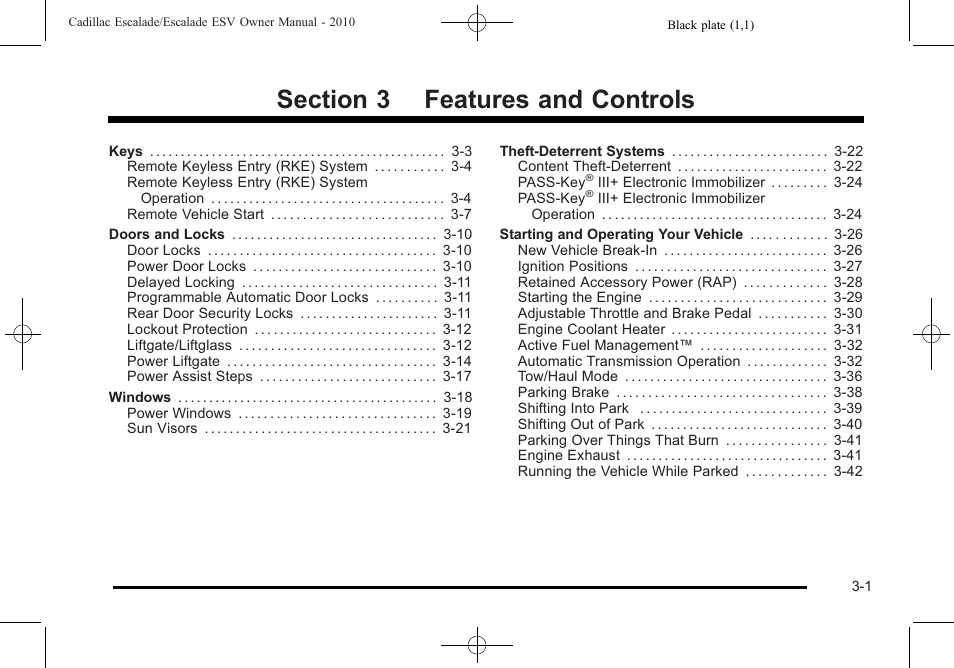 Features and controls, Features and controls -1 | Cadillac 2010 Escalade User Manual | Page 125 / 620