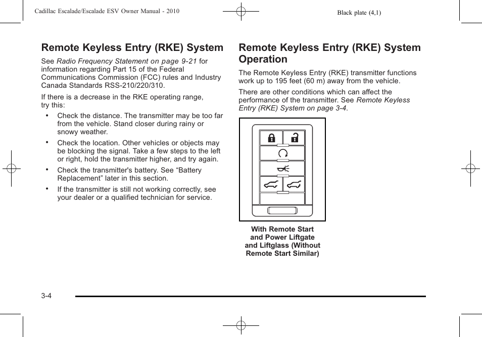 Remote keyless entry (rke) system, Remote keyless entry (rke) system operation, Operation -4 | Cadillac 2010 Escalade User Manual | Page 128 / 620