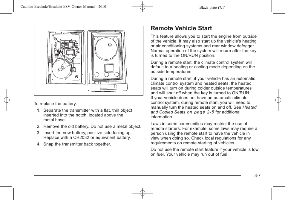 Remote vehicle start, Remote vehicle start -7 | Cadillac 2010 Escalade User Manual | Page 131 / 620