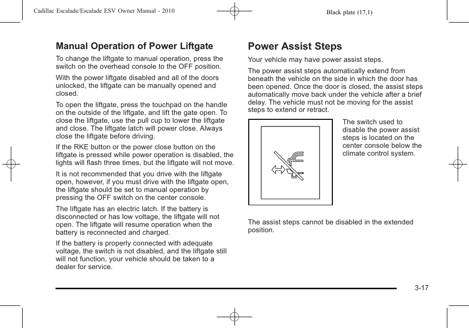 Power assist steps, Power assist steps -17, Manual operation of power liftgate | Cadillac 2010 Escalade User Manual | Page 141 / 620