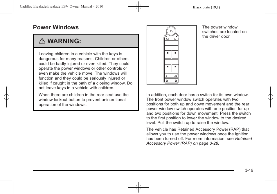 Power windows, Power windows -19, Shifting | Warning | Cadillac 2010 Escalade User Manual | Page 143 / 620