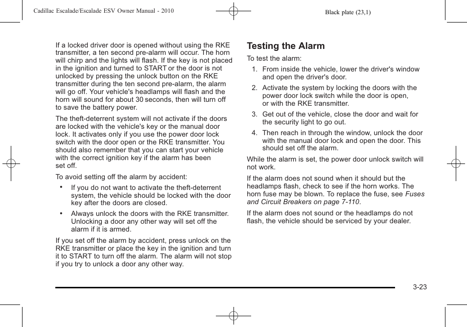 Testing the alarm | Cadillac 2010 Escalade User Manual | Page 147 / 620