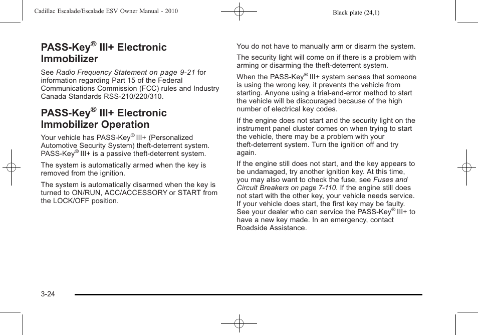 Pass-key® iii+ electronic immobilizer, Pass-key® iii+ electronic immobilizer operation, Pass-key | Iii+ electronic immobilizer -24, Iii+ electronic immobilizer, Operation -24, Iii+ electronic immobilizer operation | Cadillac 2010 Escalade User Manual | Page 148 / 620