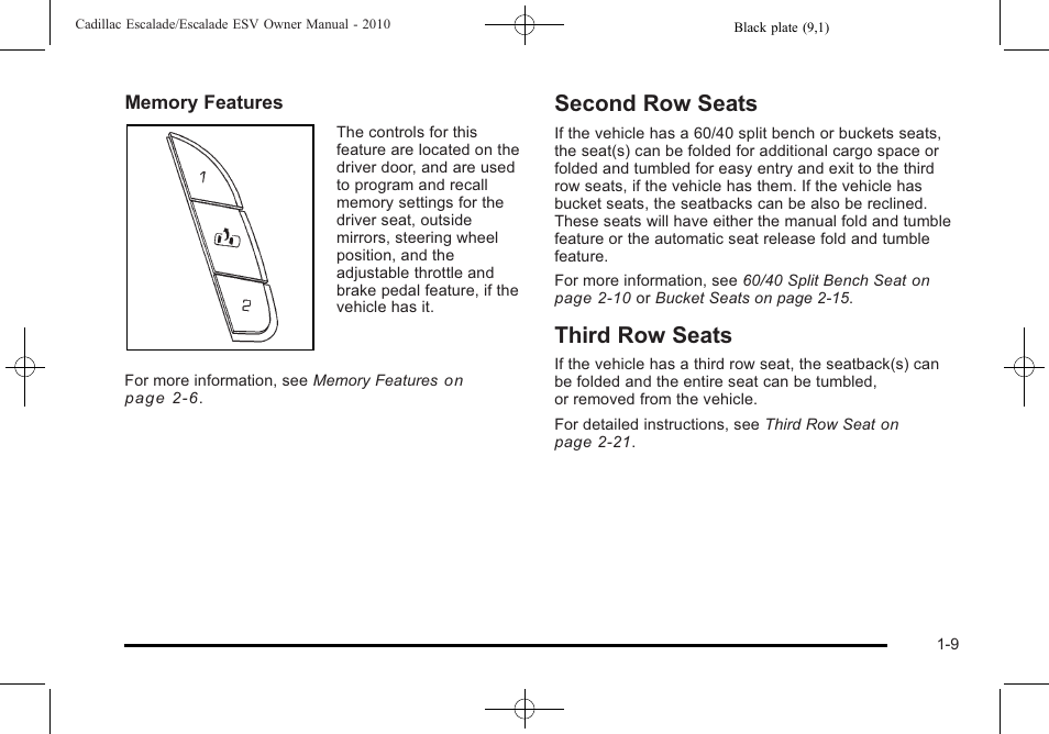 Second row seats, Third row seats, Second row seats -9 third row seats -9 | Cadillac 2010 Escalade User Manual | Page 15 / 620