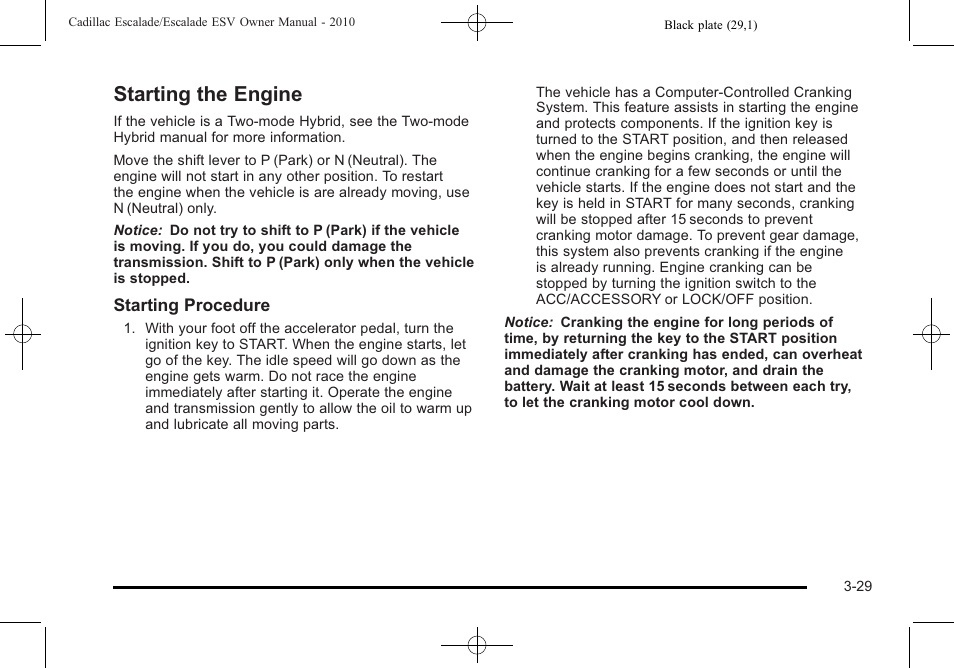 Starting the engine, Starting the engine -29 | Cadillac 2010 Escalade User Manual | Page 153 / 620