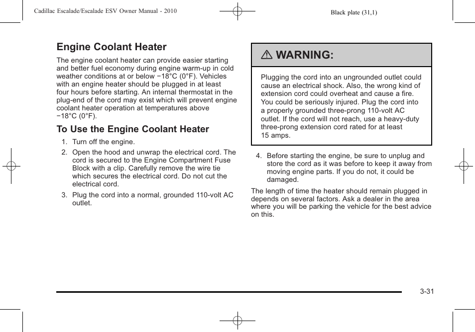 Engine coolant heater, Engine coolant heater -31, Warning | Cadillac 2010 Escalade User Manual | Page 155 / 620