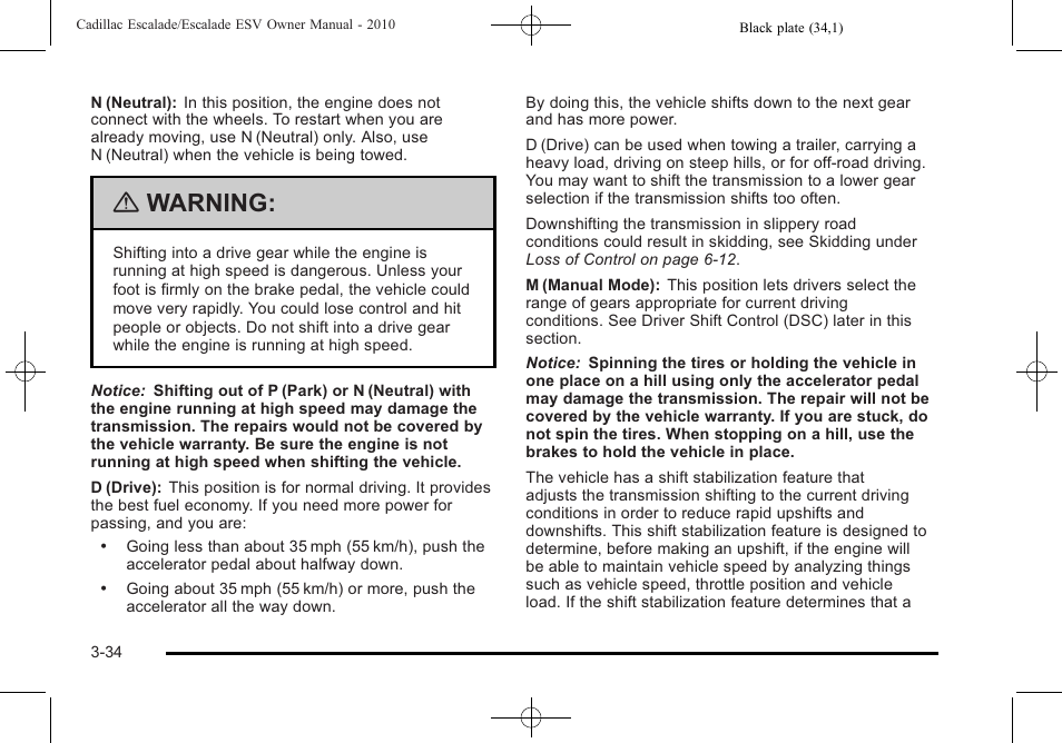 Warning | Cadillac 2010 Escalade User Manual | Page 158 / 620