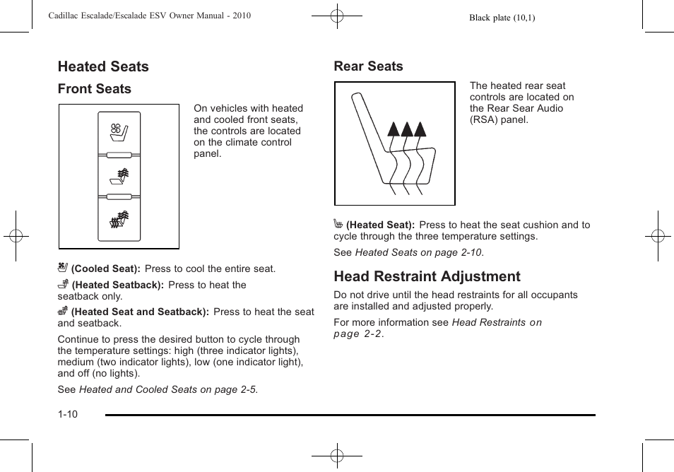 Heated seats, Head restraint adjustment, Heated seats -10 head restraint adjustment -10 | Front seats, Rear seats | Cadillac 2010 Escalade User Manual | Page 16 / 620