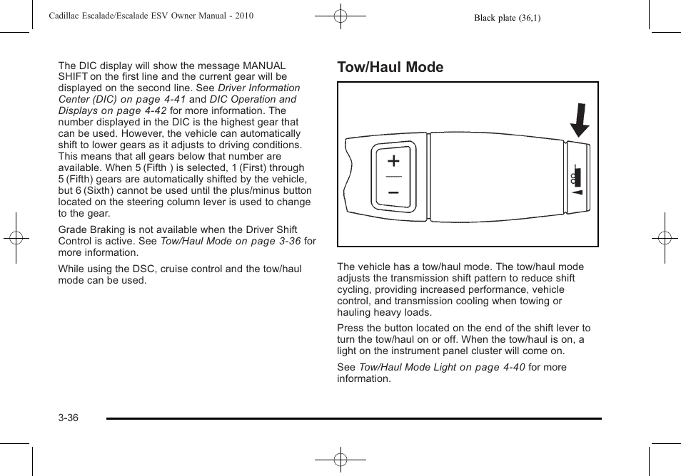 Tow/haul mode, Tow/haul mode -36 | Cadillac 2010 Escalade User Manual | Page 160 / 620