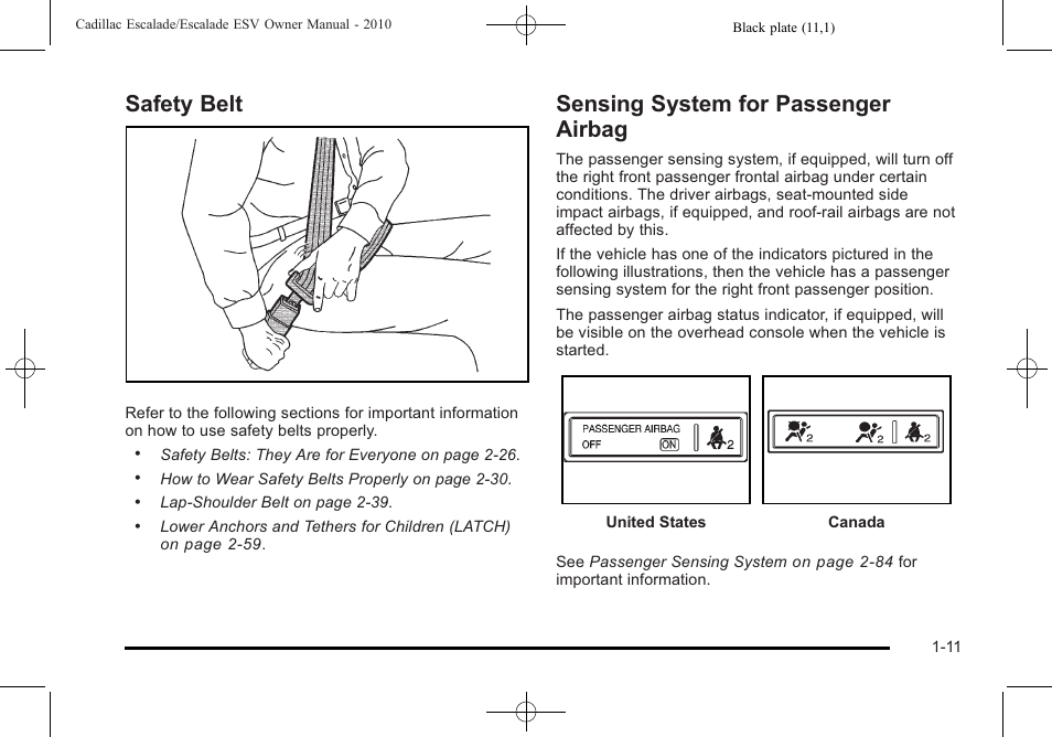 Safety belt, Sensing system for passenger airbag | Cadillac 2010 Escalade User Manual | Page 17 / 620