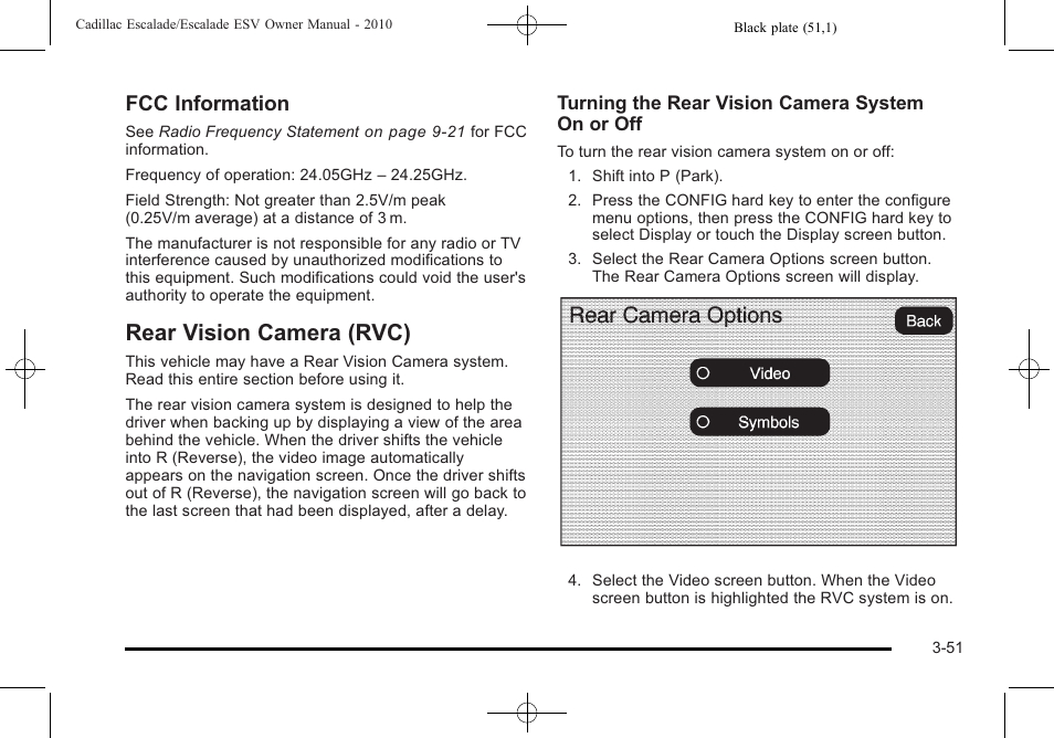 Rear vision camera (rvc), Rear vision camera (rvc) -51, Fcc information | Cadillac 2010 Escalade User Manual | Page 175 / 620