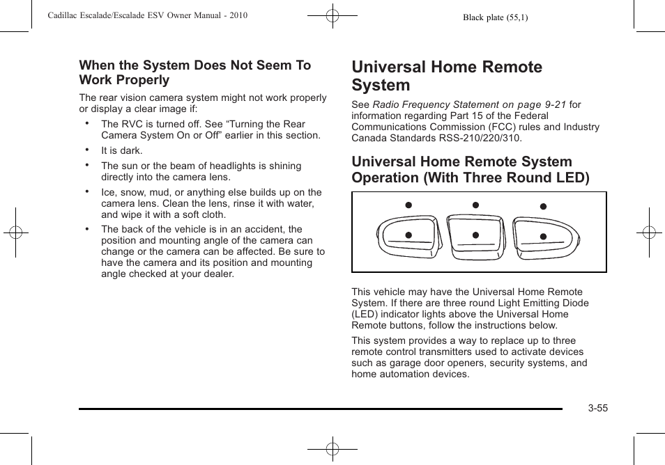 Universal home remote system, Home remote system -55, Universal home remote system -55 | Universal home remote system operation, With three round led) -55, When the system does not seem to work properly | Cadillac 2010 Escalade User Manual | Page 179 / 620