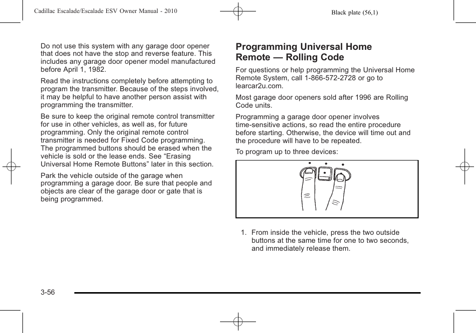 Programming universal home remote — rolling code | Cadillac 2010 Escalade User Manual | Page 180 / 620