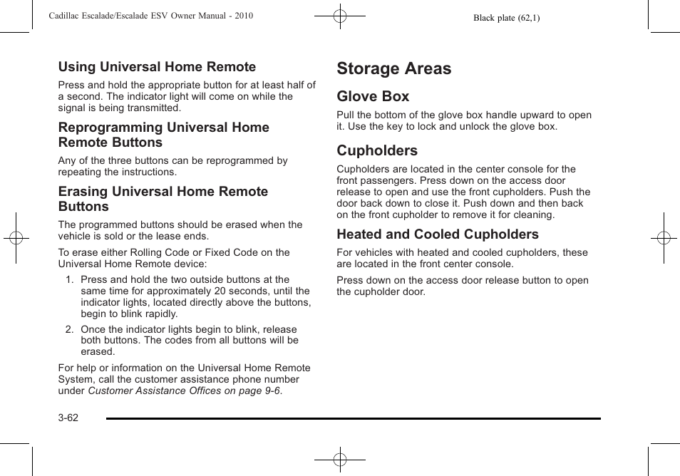 Storage areas, Glove box, Cupholders | Storage areas -62, Areas -62, Glove box -62 cupholders -62 | Cadillac 2010 Escalade User Manual | Page 186 / 620